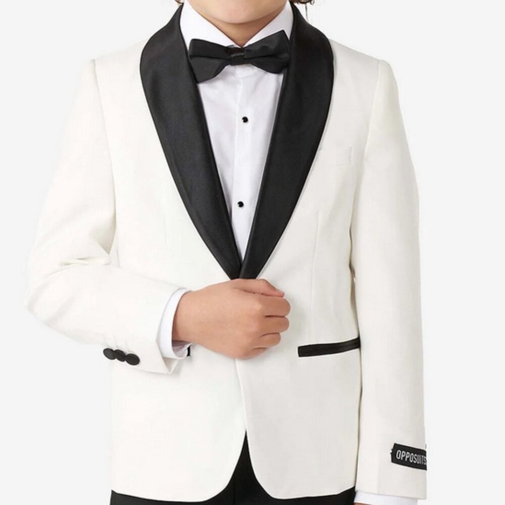 Opposuits Pearly White Boys Tuxedo 4Y Toddler Tux Pants, Shirt, Jacket, Bow Tie